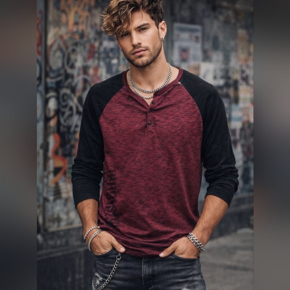 GUESS Cotton Blend Red Black Raglan Long Sleeve Henley Tee Men Casual Streetwear